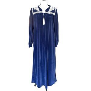 VTG db Boutique California Velour Nightgown Lace Tassel Navy Blue S USA Cottage